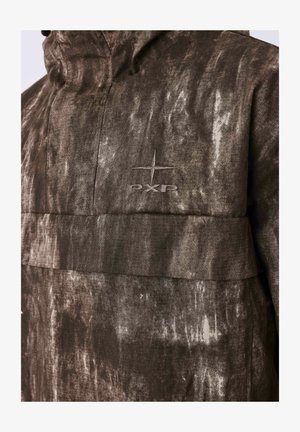 Hooded jacket in a textured brown with lighter streaks. Features a chest pocket and embroidered PXP logo in a subtle shade.
