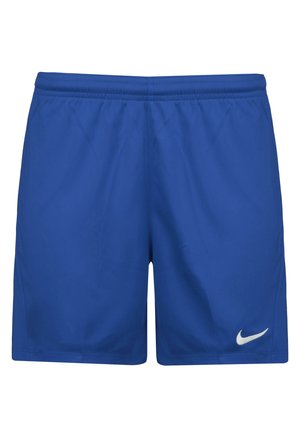 Niebieskie sportowe spodenki z elastycznym paskiem w talii i białym logo Nike Swoosh na dolnej części prawej nogi.