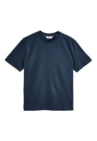 T-shirt uni bleu foncé à manches courtes et col rond, posé à plat sur un fond blanc avec étiquette visible à l’intérieur du col.
