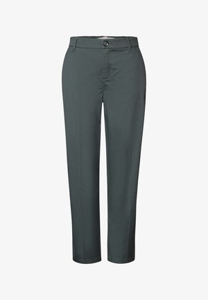 Pantalons vert foncé, taille mi-haute, avec une coupe droite et une texture lisse. Dotés d'une fermeture à bouton et de poches. Design simple et polyvalent.