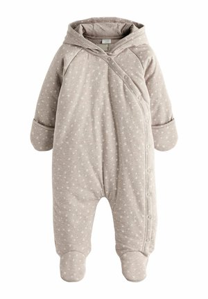 Combinaison à capuche beige pour bébé avec motif d'étoiles blanches, manches longues, pieds fermés et boutons-pression de l'encolure aux pieds pour un habillage facile.
