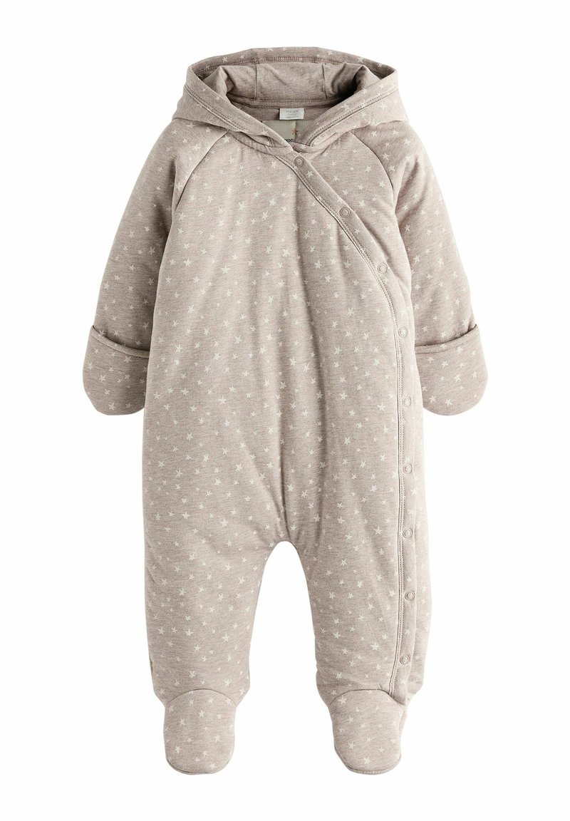 Combinaison à capuche beige pour bébé avec motif d'étoiles blanches, manches longues, pieds fermés et boutons-pression de l'encolure aux pieds pour un habillage facile.