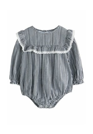 Schwarz-weiß kariertes Bodysuit mit einem fransigen Spitzenkragen, langen Puffärmeln und gerafften elastischen Bündchen, ausgestattet mit Druckknopfverschlüssen am Boden.