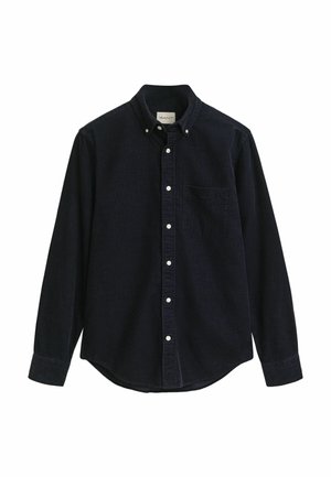 Navy blue button-up shirt made of textured fabric, featuring a collared neckline, long sleeves, and a chest pocket with a rounded hem.