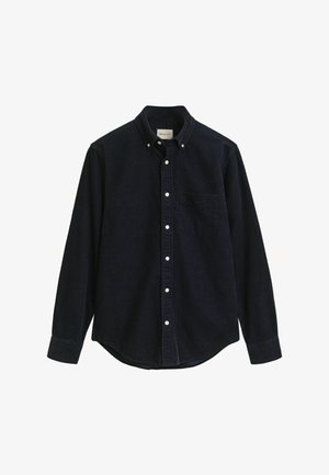 Navy blue button-up shirt made of textured fabric, featuring a collared neckline, long sleeves, and a chest pocket with a rounded hem.