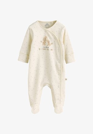 Body crema per neonato con piccoli puntini neri, giraffe ricamate e scritta "la nostra prima Festa del Papà", con bottoni a pressione sul davanti.