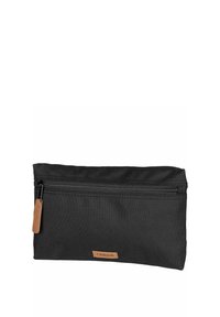 Zwarte stoffen pouch met een ritssluiting aan de bovenkant, leren accentlabel en een minimalistisch ontwerp zonder patronen of zichtbare hardware-details.