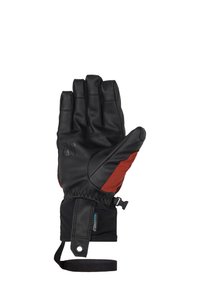 Lederhandschuhe mit schwarzen und roten Akzenten, gestickten Fingern, elastischem Handgelenksverschluss und einem verstellbaren Riemen für einen sicheren Sitz.