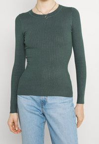 Tumma vihreä ribattu pitkähihainen neule, jossa on pyöreä kaula-aukko ja slim fit -malli, yhdistettynä vaaleansinsisiin farkkuihin. Pehmeä pinta ja tiukka muotoilu.