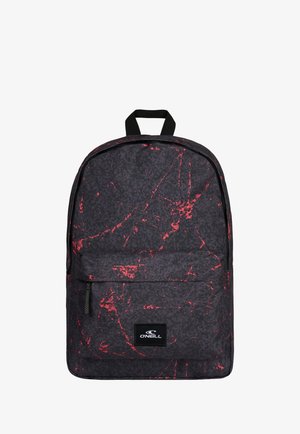 Black backpack with red abstract patterns, front zip pocket, top handle, and O'Neill logo patch on the front pocket.