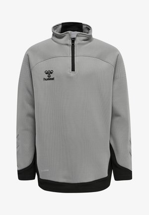 Grijze kwart-rits pullover met zwarte accenten, textuurstof en een logo op de borst. Heeft lange mouwen en een geribbelde kraag.