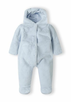 Lyseblå plysset baby flyverdragt med hætte, lange ærmer og lukkede fødder, designet til varme i koldt vejr.