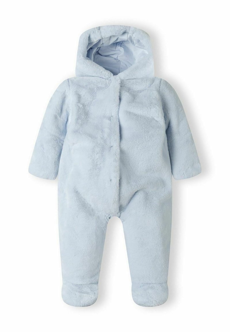 Combinaison de neige en peluche bleu clair pour bébé, avec capuche, manches longues et pieds fermés, conçue pour tenir chaud par temps froid.