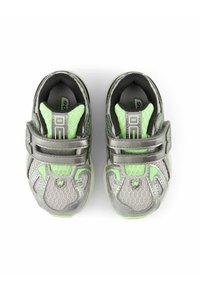 Gray and green running shoes with mesh material, Velcro straps, and reinforced toe. Features a textured surface and cushioned interior.