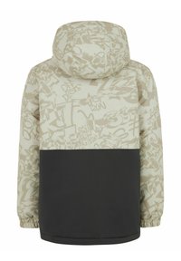 Kapuzenshirt mit einem beige- und graufarbenen Graffiti-Muster. Hat einen einfarbigen dunklen unteren Bereich und elastische Bündchen. Das Material hat eine glatte Textur.