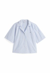 Short-sleeve button-up shirt in light blue and white stripes, featuring a classic collar and subtle logo detail on the chest.