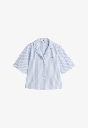 Koszula z krótkim rękawem na guziki w jasnoniebiesko-białe paski, z klasycznym kołnierzykiem i subtelnym logo na piersi.