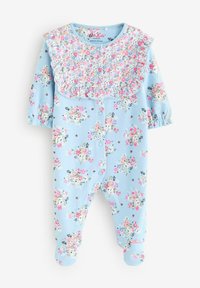 Helles blaues Baby-Einteiler mit Blumenmuster, Rüschenspitze, langen Ärmeln, Druckknöpfen im unteren Bereich und elastischen Bündchen für zusätzlichen Komfort.