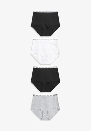 Four pairs of brief underwear: two black, one white, and one gray. Each features a black waistband with "NEXT" text. Smooth fabric finish.