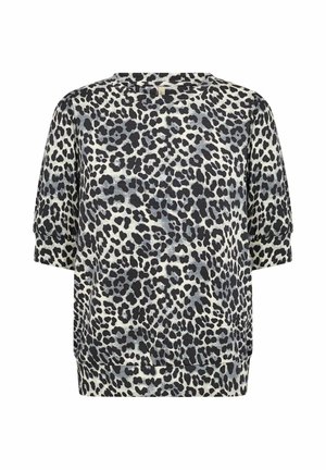 Short-sleeve top in beige with black leopard print. Features a crew neckline and relaxed fit. Soft, textured fabric.
