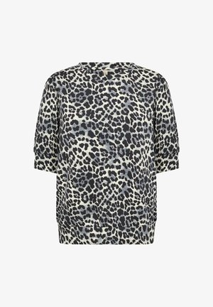 Kurzarmoberteil in Beige mit schwarz-gelbem Leopardenmuster. Hat einen Rundhalsausschnitt und einen lässigen Schnitt. Weiches, strukturiertes Material.