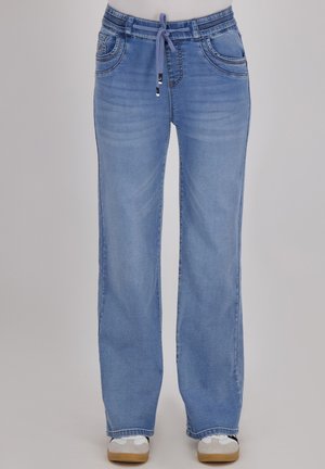 Lichtblauwe denim broek met een relaxte pasvorm, voorzien van een trekkoord in de taille, een vijf-pocket ontwerp en subtiele stikdetails.
