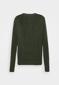 Suéter de punto verde oscuro que presenta una combinación de patrones de cable y texturizados, con un cuello redondo y mangas largas para mayor comodidad.