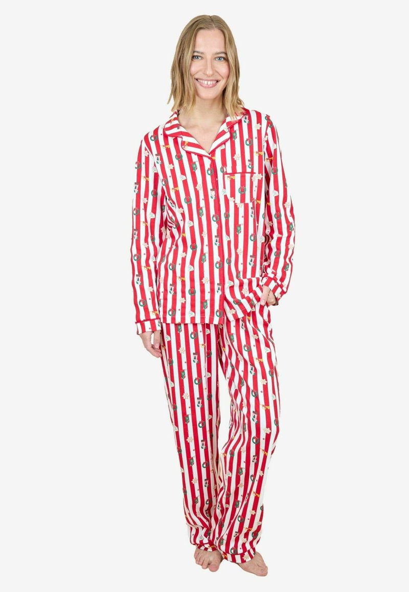 Rød- og hvidstribede pyjamas med grønne og sorte tegneserietemaer. Har en knapstupet skjorte med en lomme og uforede, løstsiddende bukser.