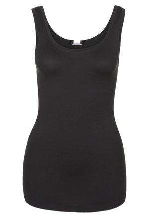 Černý tílko vyrobené z hladké látky, s kulatým výstřihem a přiléhavým střihem. Žádné viditelné vzory nebo kovové prvky.