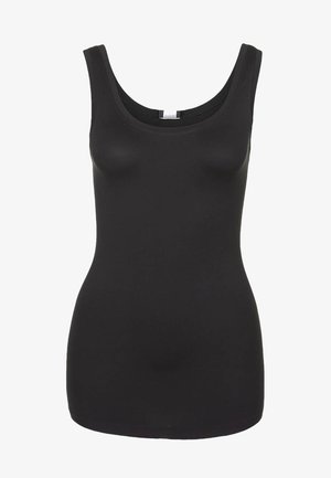 Černý tílko vyrobené z hladké látky, s kulatým výstřihem a přiléhavým střihem. Žádné viditelné vzory nebo kovové prvky.