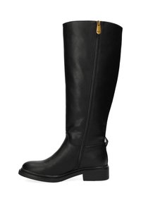 Bota negra de cuero hasta la rodilla con cremallera lateral, puntera redondeada y un tacón bajo y cuadrado. Textura suave y diseño minimalista.