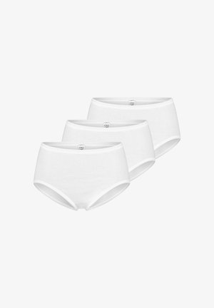 White cotton hipster briefs, featuring a smooth texture and elastic waistband. Three pairs arranged side by side.