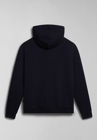 Námořnický modrý mikina s kapucí, měkká tkanina, uvolněný střih, žebrované manžety a lem, minimalistický design, žádné viditelné logo nebo vzory.