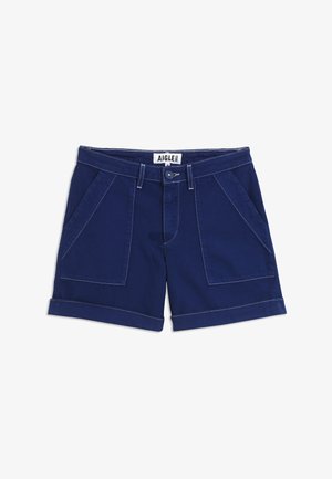 Marineblauwe casual korte broek met voorzakken, knoopsluiting, riemlussen, opgerolde zoom en witte contrasterende stiksels, maat 38, merklabel aan de binnenkant van de tailleband.