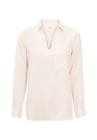 Chemise à manches longues en crème clair avec des rayures verticales et de petits pois. Dotée d'un décolleté en V et d'une poche poitrine. Tissu doux et texturé.