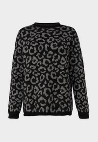 Schwarzer und grauer langärmeliger Pullover mit einem durchgehenden Leopardenmuster, gerippten Bündchen, Halsausschnitt und Saum.