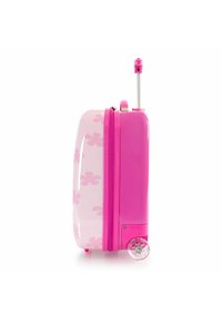 Valigia rigida rosa con una sezione trasparente decorata con motivi floreali rosa. È visibile un manico retrattile e ruote trasparenti.