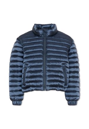 Giacca imbottita trapuntata blu navy con collo alto, zip frontale, due tasche laterali con zip e polsini elastici.