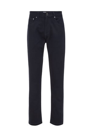Navy blue cotton trousers with a straight leg, subtle pocket stitching, front button closure, and belt loops. Classic design.