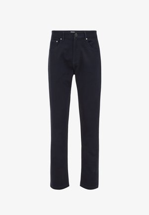 Tumši zili kokvilnas bikses ar taisnu kāju, smalku kabatu šuvēm, priekšējo pogu aizdari un jostu cilpām. Klasiskais dizains.