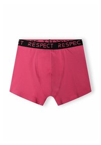 Roze bokserice s črnim pasom, ki nosi besedo "RESPECT" v roza črkah, gladka tekstura in prilegajoča zasnova.