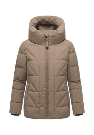 Beige pufferjakke med høj krave, frontlynlås og sidelommer. Har diagonalt quiltet mønster på ærmerne og kroppen.