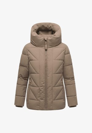 Beige puffer takki korkealla kauluksella, etuvetoketjulla ja sivutaskuilla. Ominaisuuksina vinoneliöity kuviointi hihoissa ja runko-osassa.