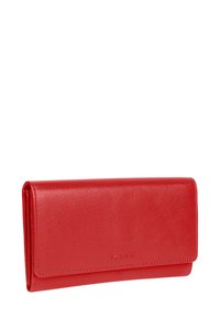 Red leather wallet with a smooth texture, rectangular shape, and a flap closure. Features embossed brand name on the front.