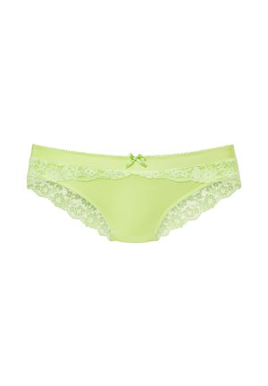Light green underwear featuring a smooth front, lace trim on the sides, and a small bow accent at the waistband.