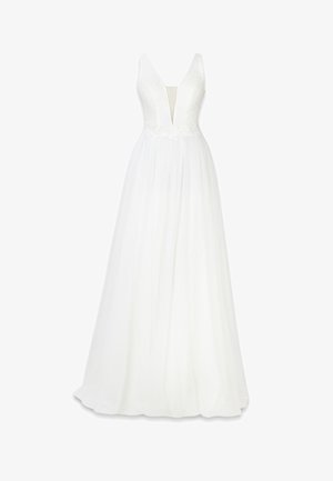 Weißes ärmelloses Hochzeitskleid mit tiefem V-Ausschnitt, Spitzenoberteil und fließendem Tüllrock.