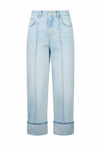 Jeans din denim bleu deschis cu o croială largă, având cusături vizibile, două buzunare frontale și manșete rulate.