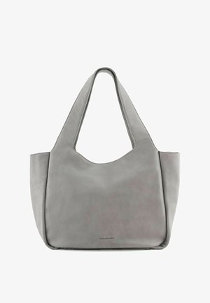 Gray leather tote bag with a soft texture, rounded top, wide opening, and long, flat handles. Features minimal branding in the lower section.