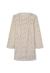 Hellbeiges langärmliges Spitzenkleid mit floralem Muster und einem Schlüsselaugenknopfverschluss im Nacken hinten.