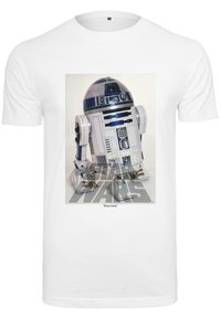 White T-shirt featuring a graphic of a blue and white robotic character, labeled "Beep beep," with a faded "Star Wars" logo below.